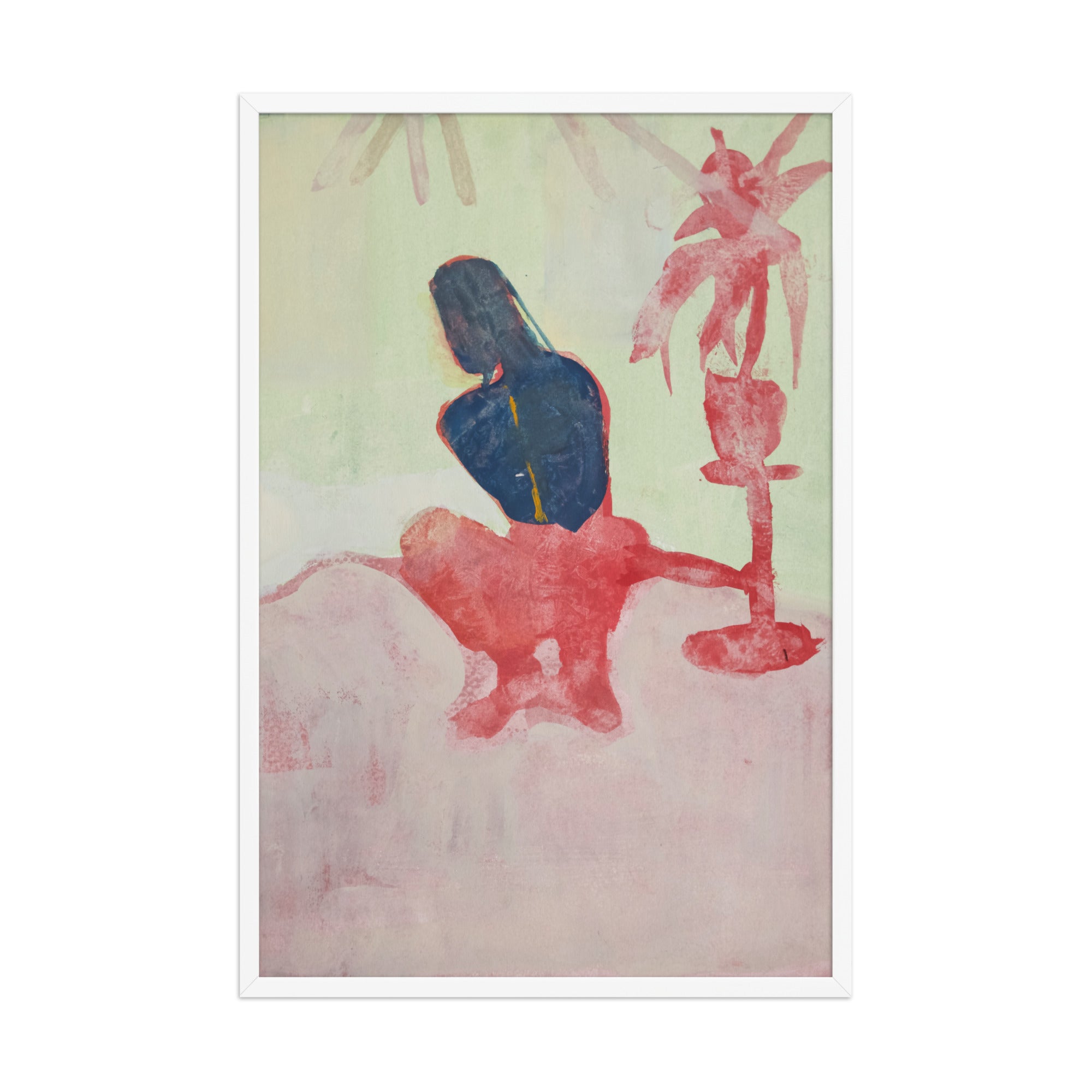 Abstract artwork with a figure on a light green background and a red palm tree