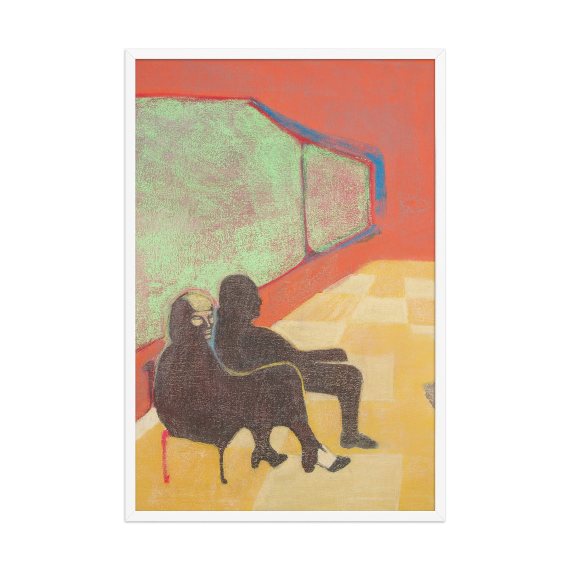 Artistic depiction of two figures sitting in a colourful room