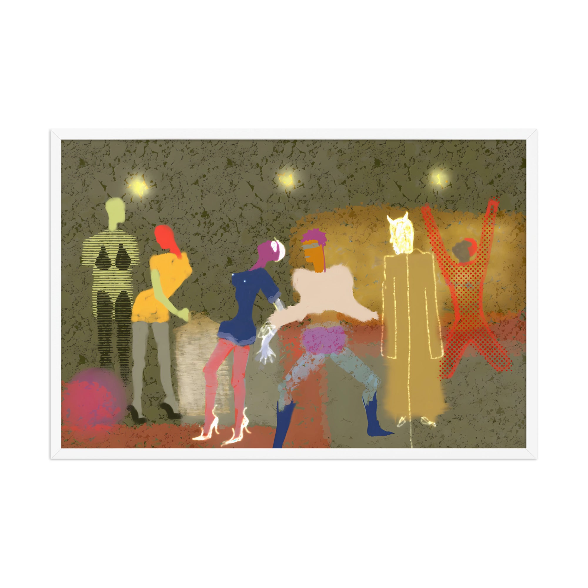 artist print of colourful figures dancing at a party with a devil